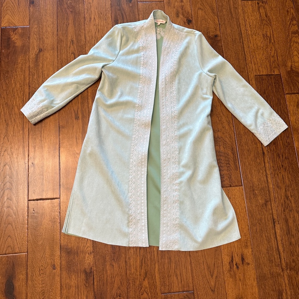 New Solitaire Light Green Embroidered Boho Faux Suede Long Coat